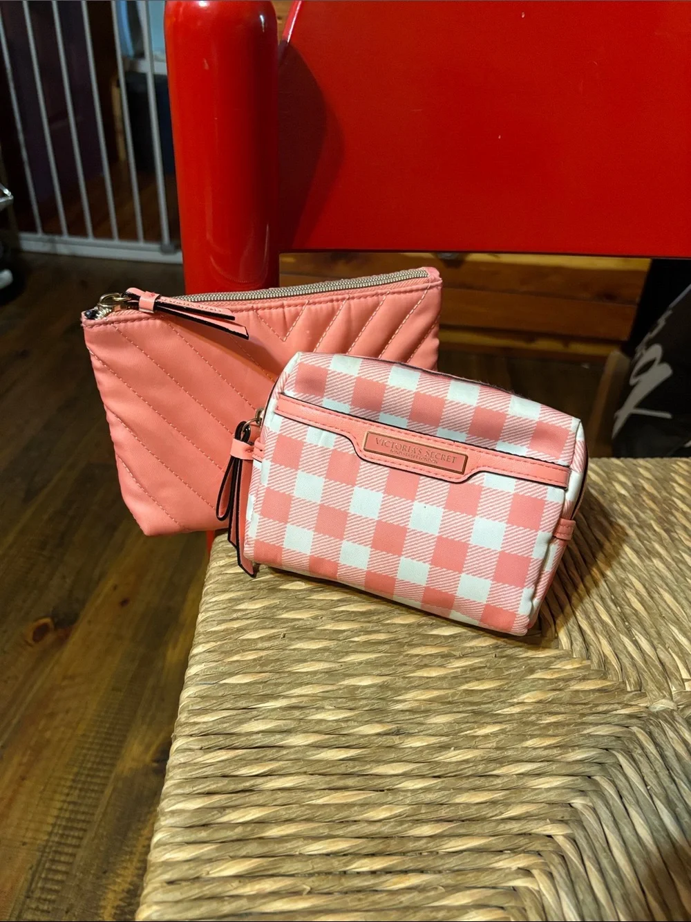 Victoria's Secret Coral Pink Quilted and Gingham Cosmetic Pouch Duo